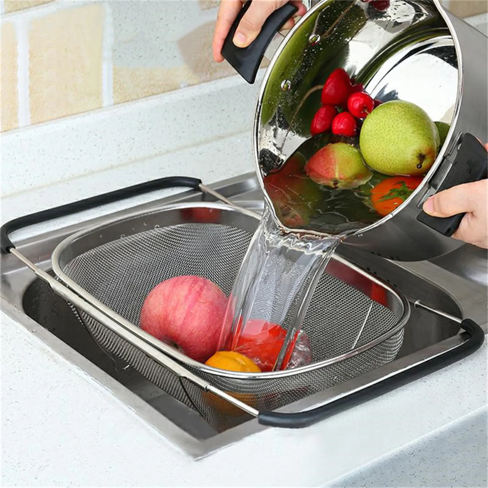 Sink Strainer Drainer Basket Stainless Steel Expandable Sink Colander Strainer Basket for Vegetables Fruits Pasta Dishes