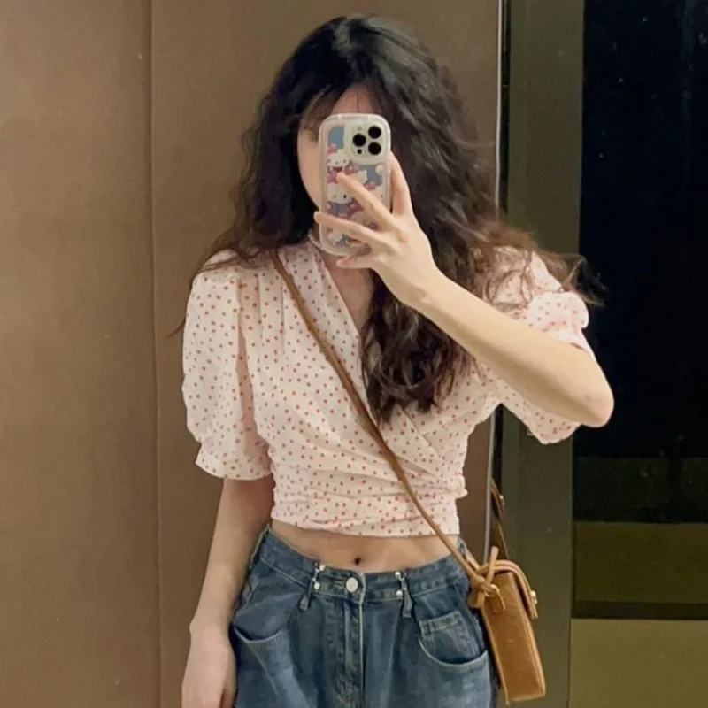 Blouse Women Summer Dot Lace-up Cropped Design Chic Retro Sweet Ladies Puff Sleeve All-match Fashion Casual Popular Ulzzang Ins