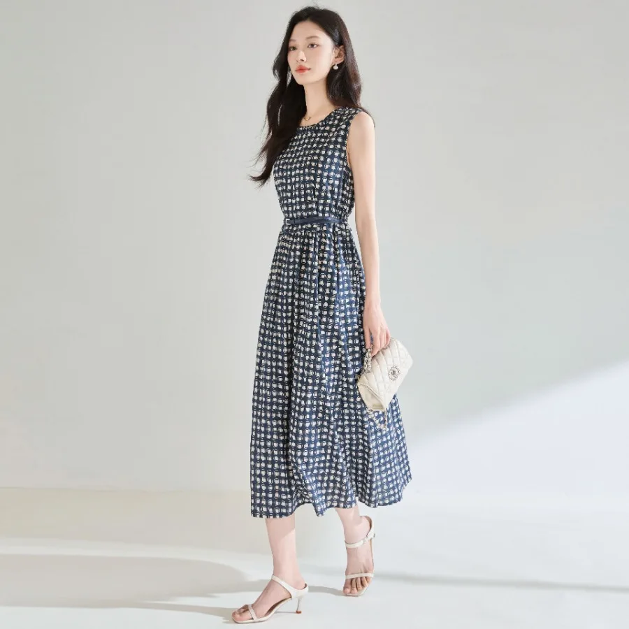 

26 summer MAXM plaid printed cotton round neck sleeveless waist slimming temperament commuting dress 25327