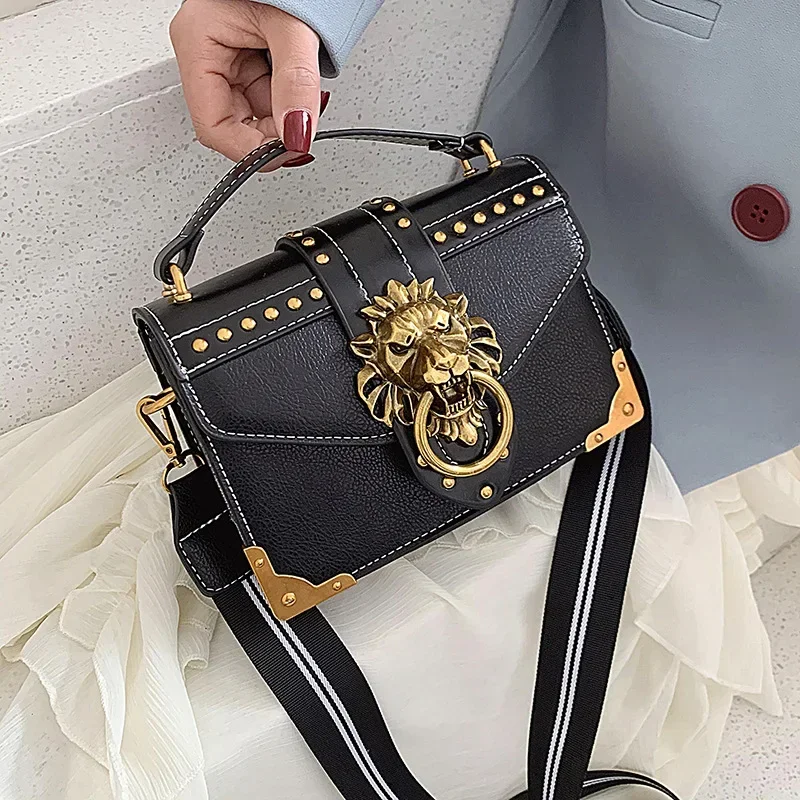 Retro Women\'s Fashion Handbag Messenger Bag Metal Lion Head Brand Shoulder Bag Mini Square Storage Bag