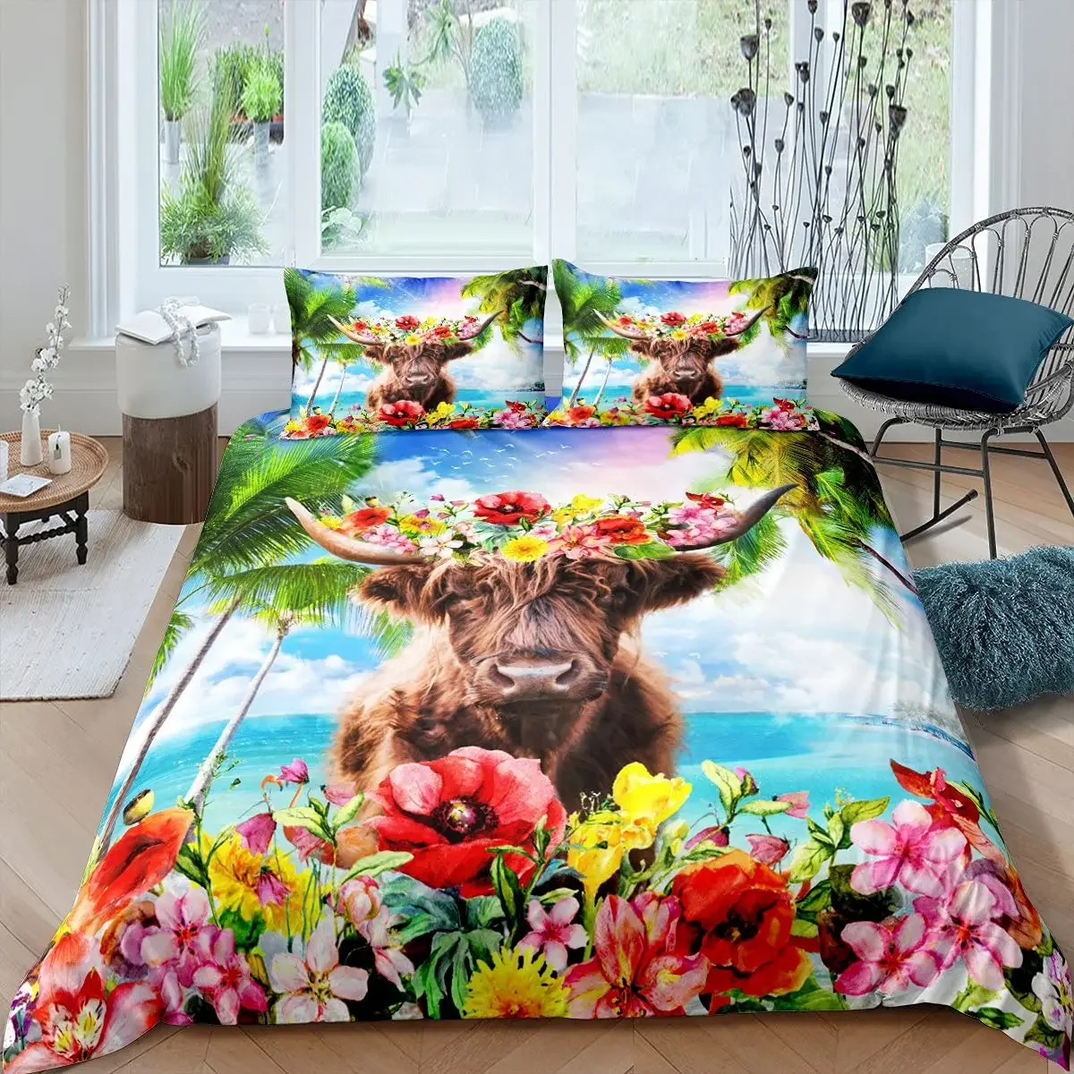 Cartoon Highland Cow Duvet Cover Set Western Animal Bedding Set 3D Ocean Bull Cattle Comforter Cover Floral Branches Quilt Cover