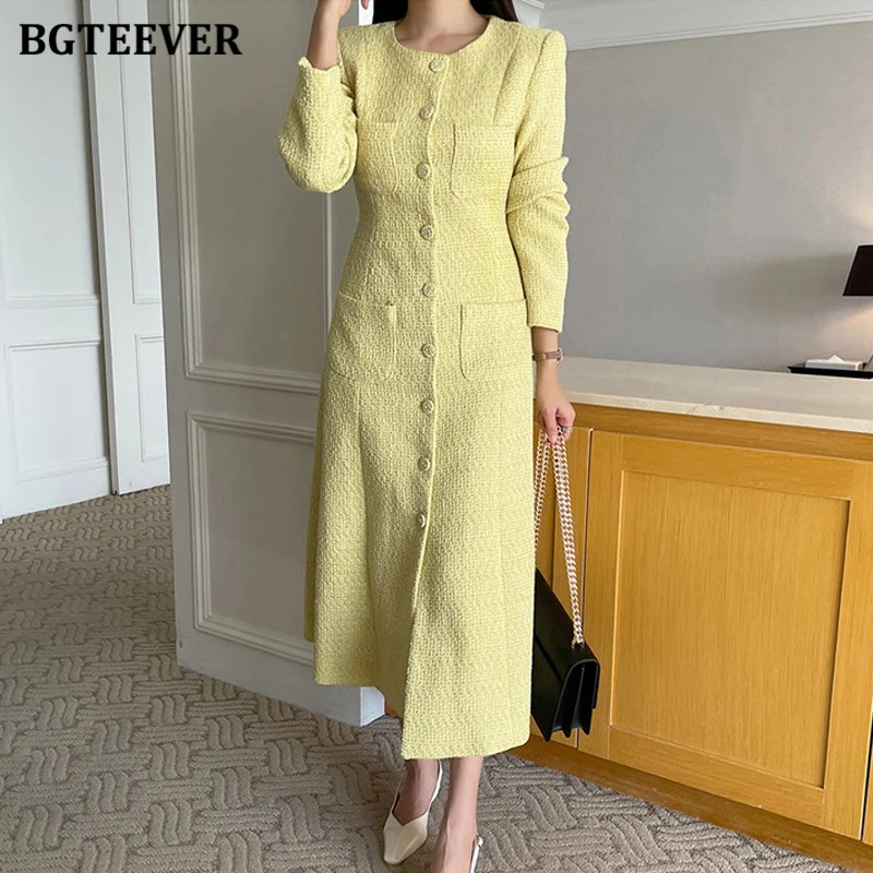 

BGTEEVER Elegant O-neck Slim Waist Female A-line Dress Long Sleeve Pockets Single-breasted Women Dress Autumn Vestidos