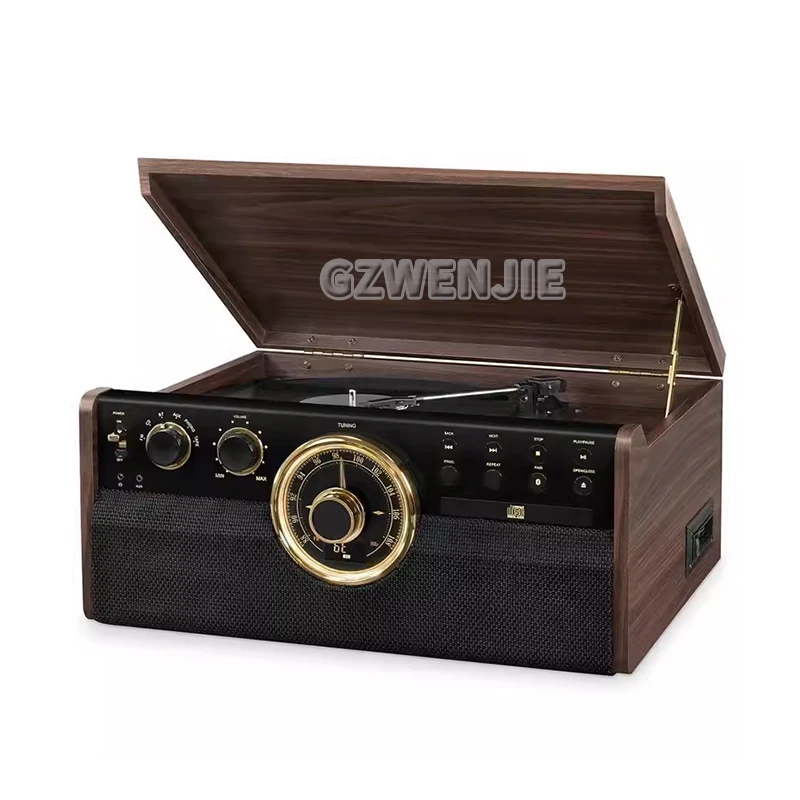 3 Speed Bluetooth-compatible Turntable Vinyl LP Record Player Vintage Gramophone Phono CD&Cassette FM/AM Radio Aux-in