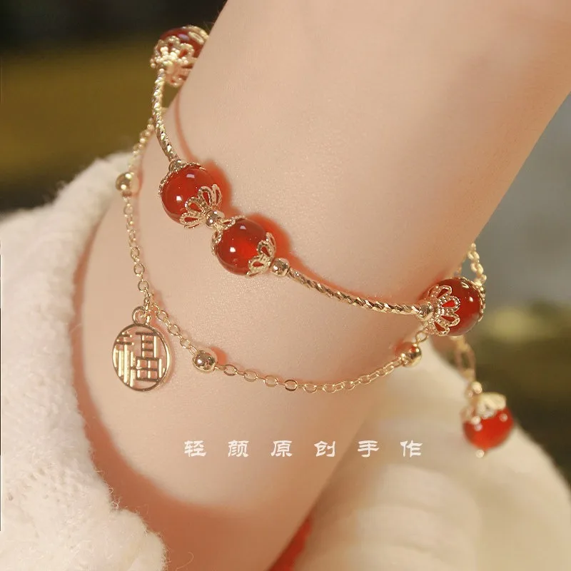 Fuman Natural Red Agate Bracelet Pendant Double Layer Stacked Wear Niche Design Light Luxury Original Friendship Gift for Women