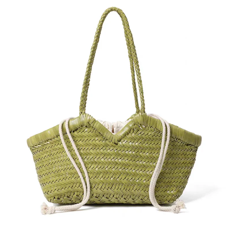 Simple Luxury Hand-woven Tote Bag French Vintage Large Capacity Basket Bag Drawstring Interior Pocket Beach Bag Tourism Vacation
