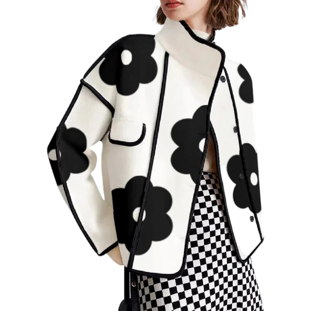 Long Sleeves Loose Contrast Color Flower Print Split-Joint Stand Collar Jackets Outerwear Woolen Coat