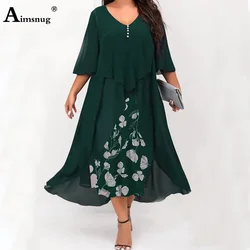 Women Half Sleeve A-line Chiffon Party Dress Irregular Boho Flower Print Befree Dress Large Big Ladies Elegant Mid-Calf Dresses