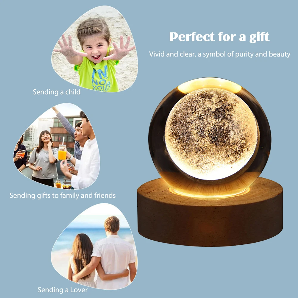 LED Crystal Ball Night Light Solar System Crystal Ball 3D Engraved Planet Nightlight with Wooden Base USB Charging Gift for Kids
