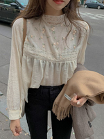 Arazooyi New Elegant Lace Stand Collar Blouse Shirt Sexy Hollow Out Floral Embroidery Feminine Blouses Women Long Sleeve Tops