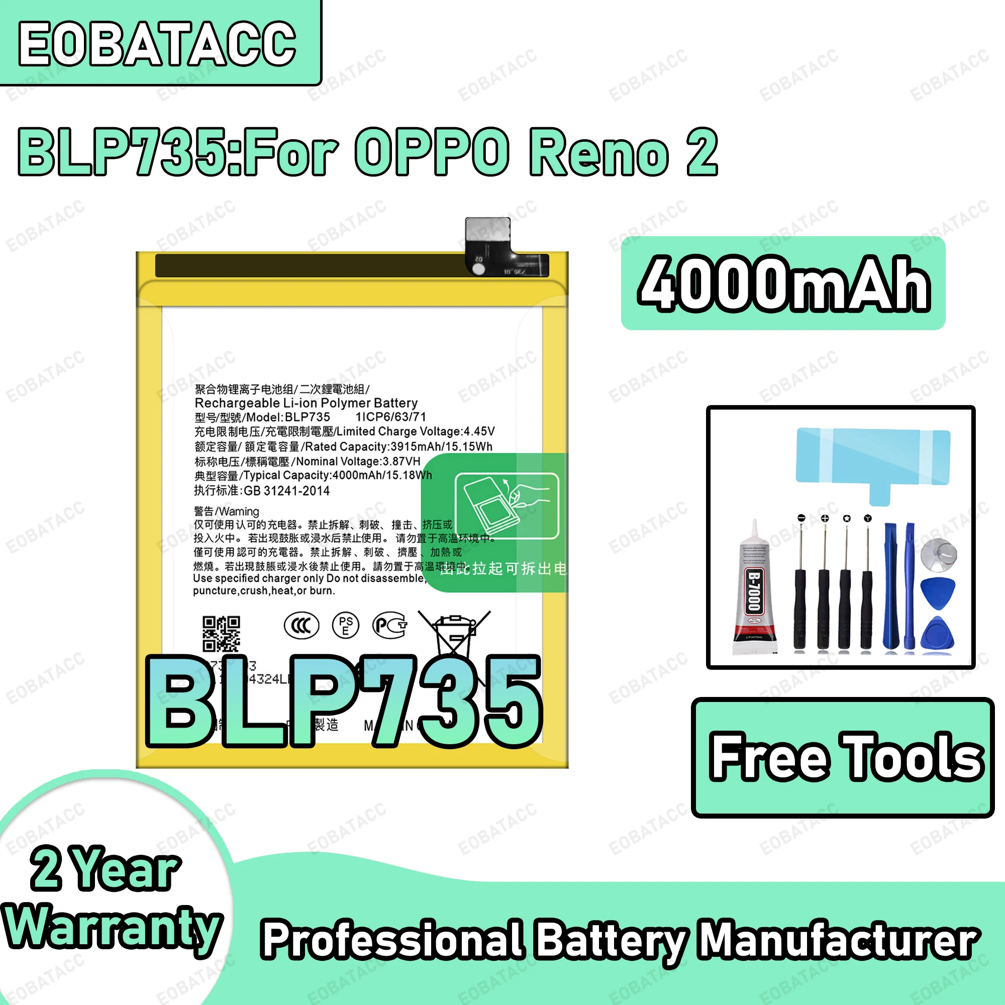 

4000mAh 100% New BLP735 Battery For OPPO Reno 2 Replacement Bateria+Free Tools