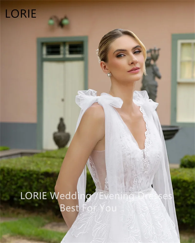 LORIE a 라인 레이스 웨딩 드레스 스파게티 스트랩 보우 v 넥 백리스 신부 가운 버튼 바닥 길이 신부 가운 맞춤형