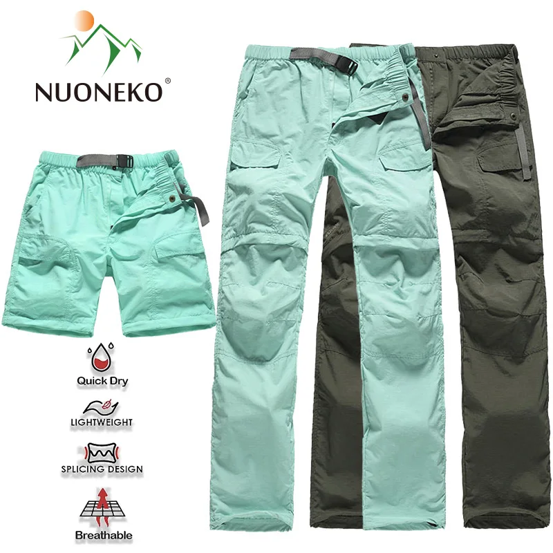 NUONEKO damskie letnie spodnie do pieszych wędrówek pieszych damskie Trekking sportowe szybkoschnące cienkie spodnie Cargo odpinane spodenki kempingowe na świeżym powietrzu