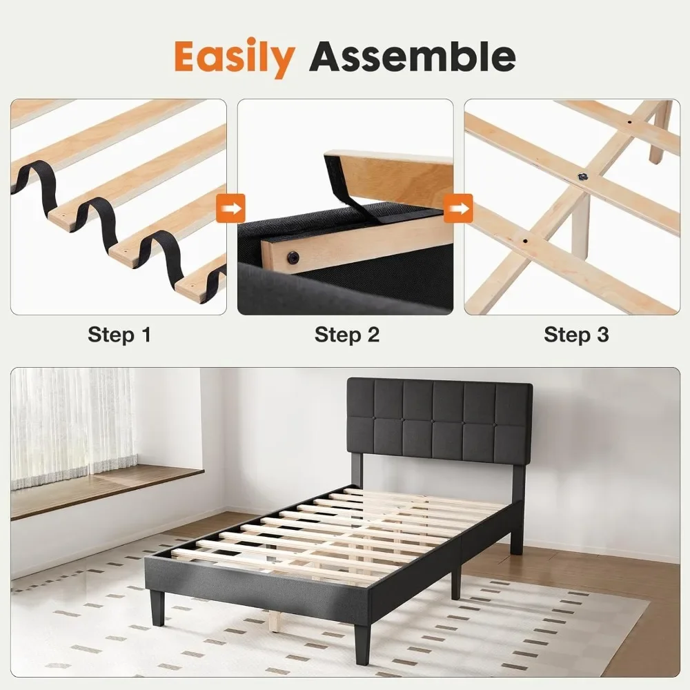 Bed Frame with Headboard, No Box Spring Needed, Linen Upholstered Platform Bed Frame with Wood Slats Support