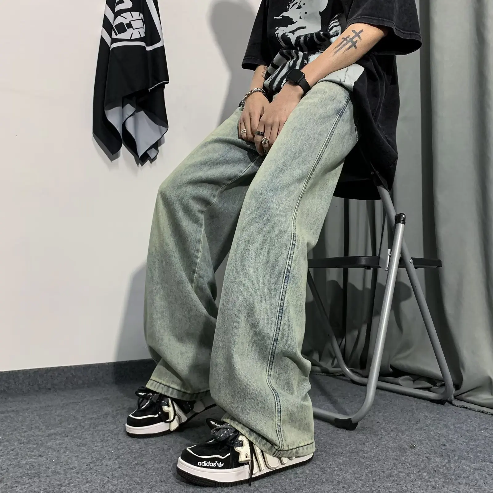 جينز فضفاض للرجال صيفي على الطراز القوطي هاراجوكو أساسي يومي عالي الشارع بسيط كامل الطول بنطلون دينم ملابس للمراهقين الهيب هوب مريح BF