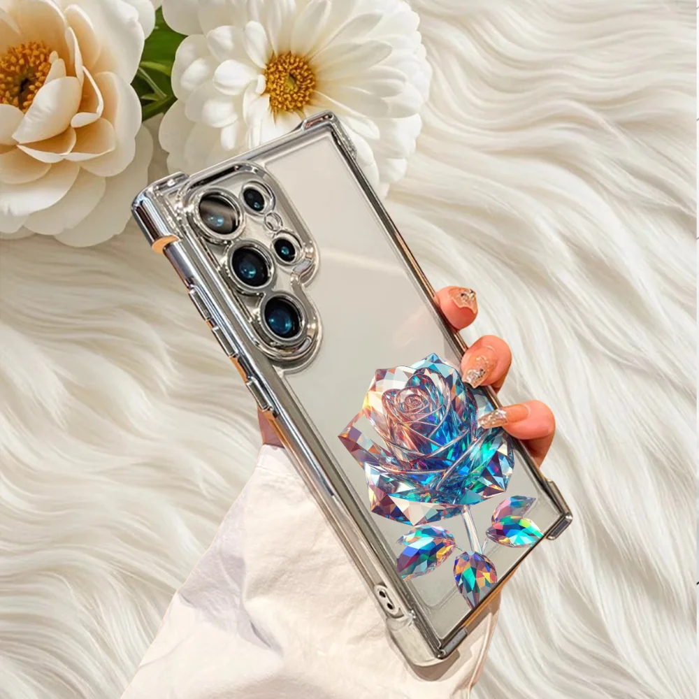 Diamond Rose Plated Transparent Phone Case Suitable for Samsung Galaxy S26 S25 S24 S23 S22 S20FE/Ultra/Plus Anti Drop Back Cover