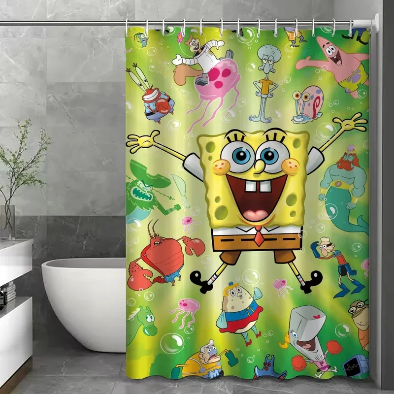 S-spongeBob Pattern Shower Curtain for Bathroom Accessories Curtains in the Bathroom Sets Full Set Folding Partition Bath Quarto