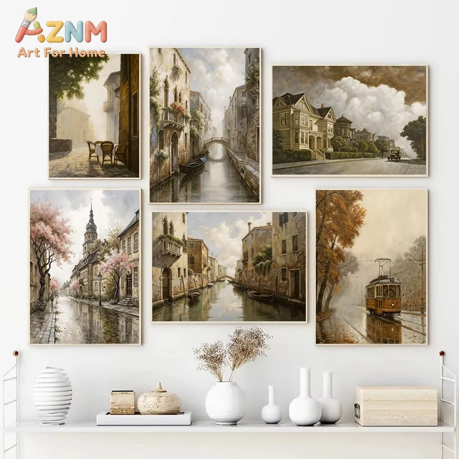 1PC Nordic Medieval City Architecture Street Cafe Country Scenery Retro Poster Canvas Paintings Wall Art Home Decor