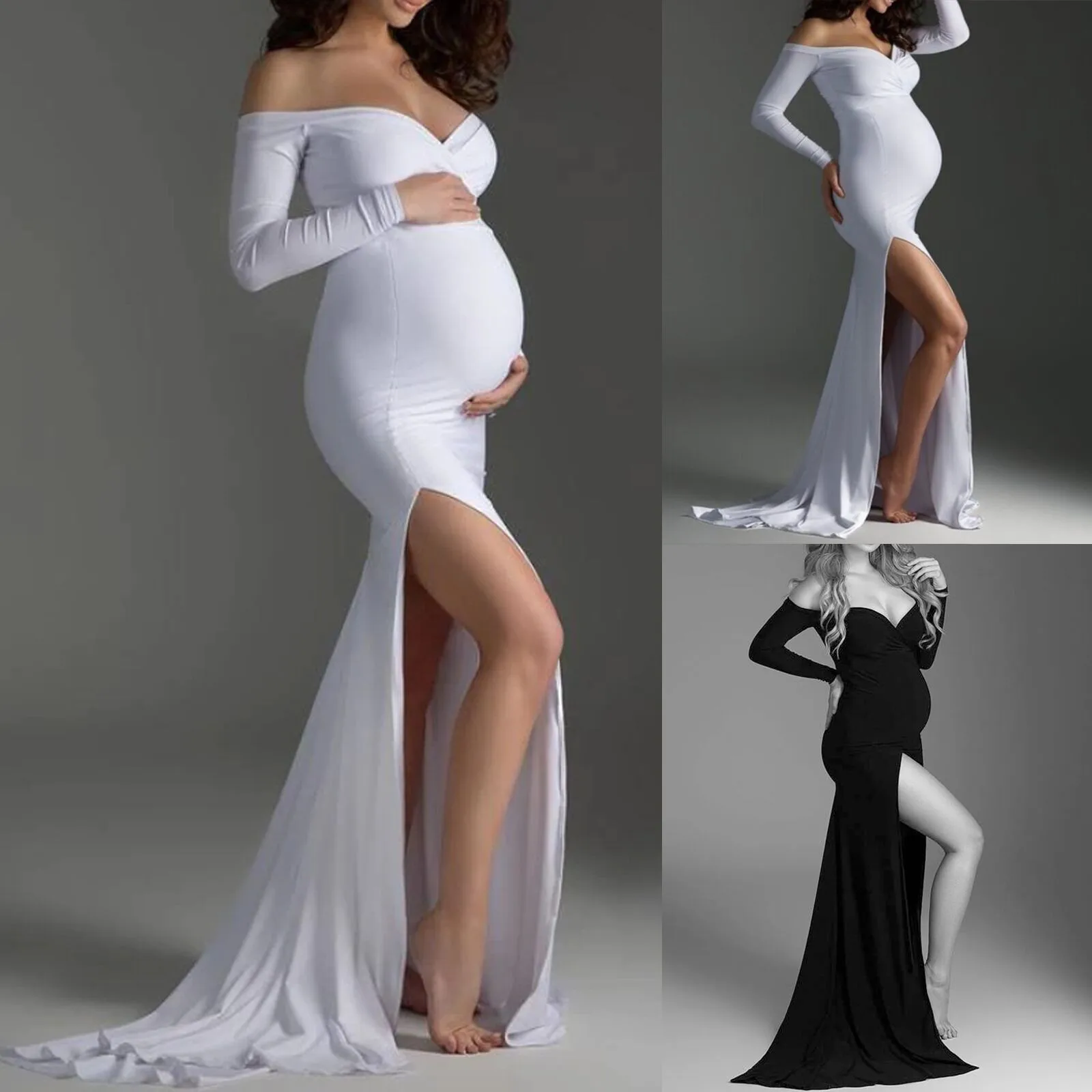 

Solid Long Sleeve Off Shoulder Maxi Long Elegant Sexy Maternity Dresses Photo Shoot Pregnant Women Dress Pregnancy Spring Autumn