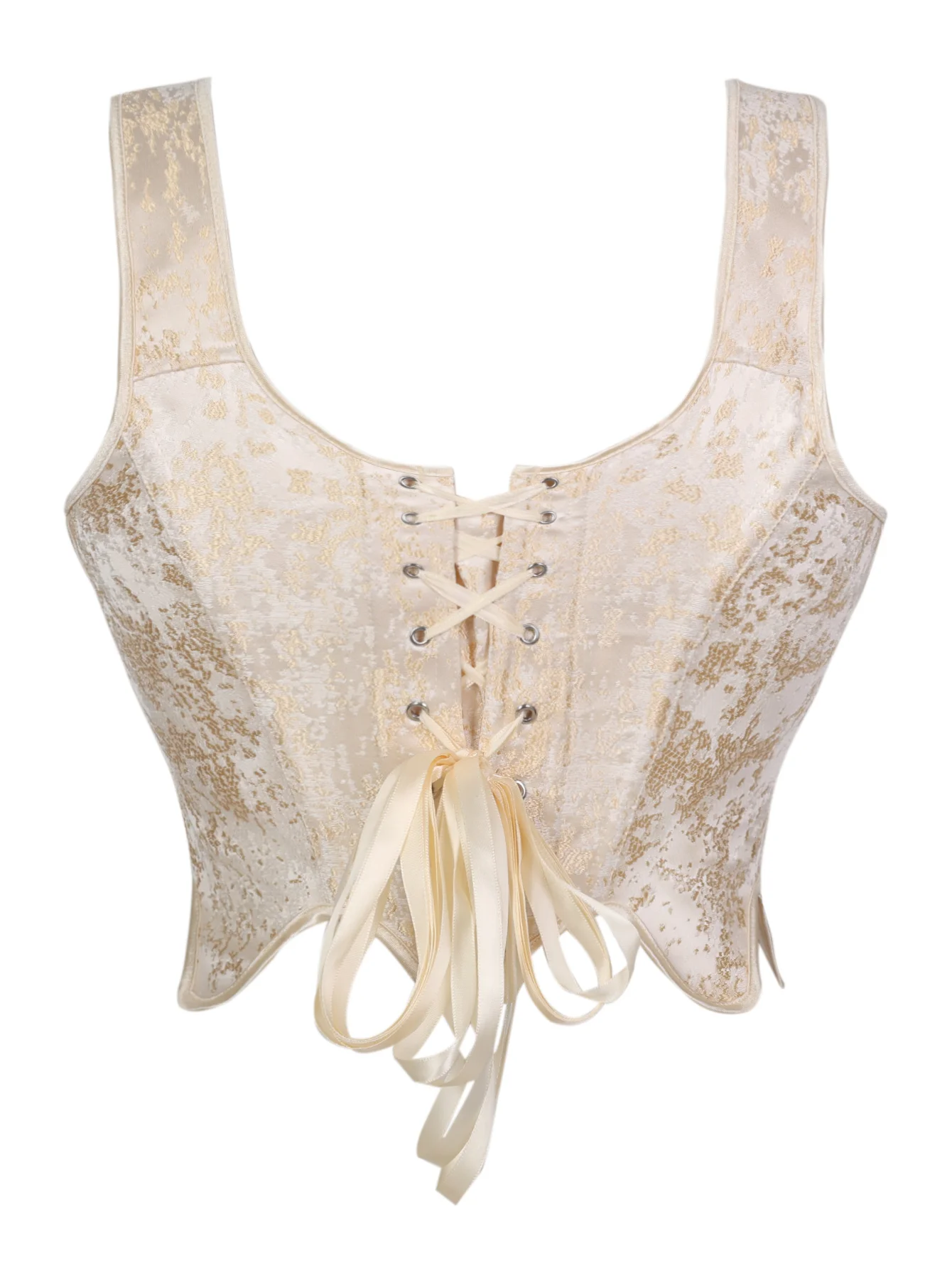 Champagne Gold Jacquard Thin Bow Strap Square Neck Corset Top Back Lace Up Structured Bustier for Women