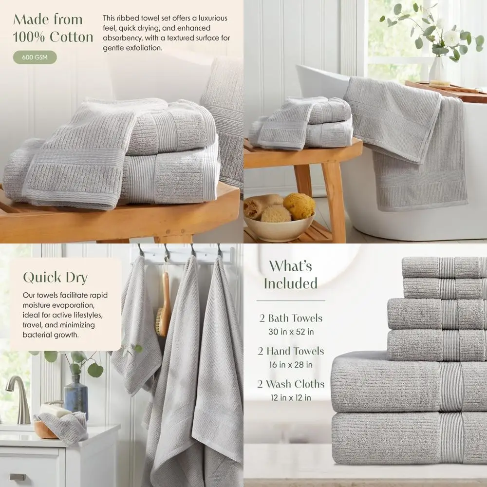 

Набор из 6 серых банных полотенец | Ребристая текстурированная ткань | 100% хлопок, гребенной прессованный | Впитывающий и быстросохнущий | Сертифицировано Oeko-TEX | Высотное здание серого цвета