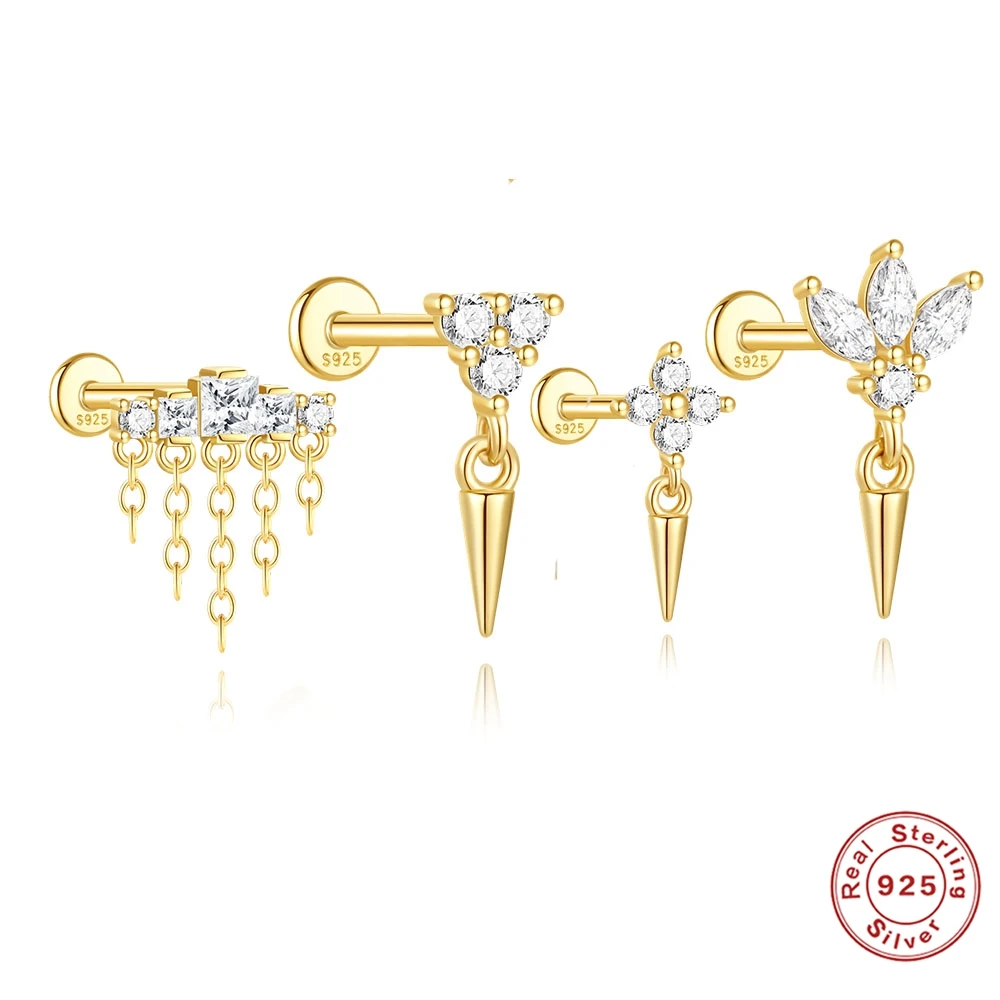 AIDE Piercing-Ohrstecker mit flachem Faden für Damen, 925er Sterlingsilber, kleine Quasten, Nieten, Ohrstecker, Körperpiercing-Schmuck