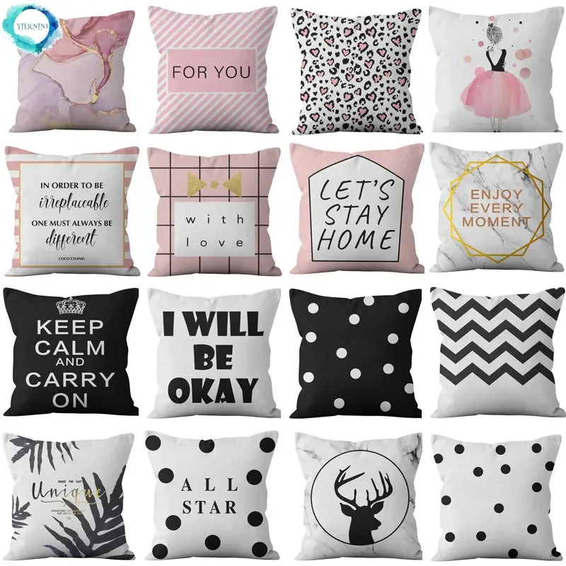 Pink and black geometric letters printed sofa cushion cover pillowcase home decoration party car bedding