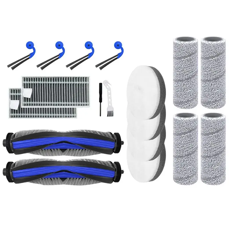 

Комплект из 18 сменных деталей для робота-пылесоса Ecovacs Deebot X11 Omnicyclone: основная и боковые щетки, ролик, насадка для влажной уборки, фильтр, базовая станция, хлопковые элементы.