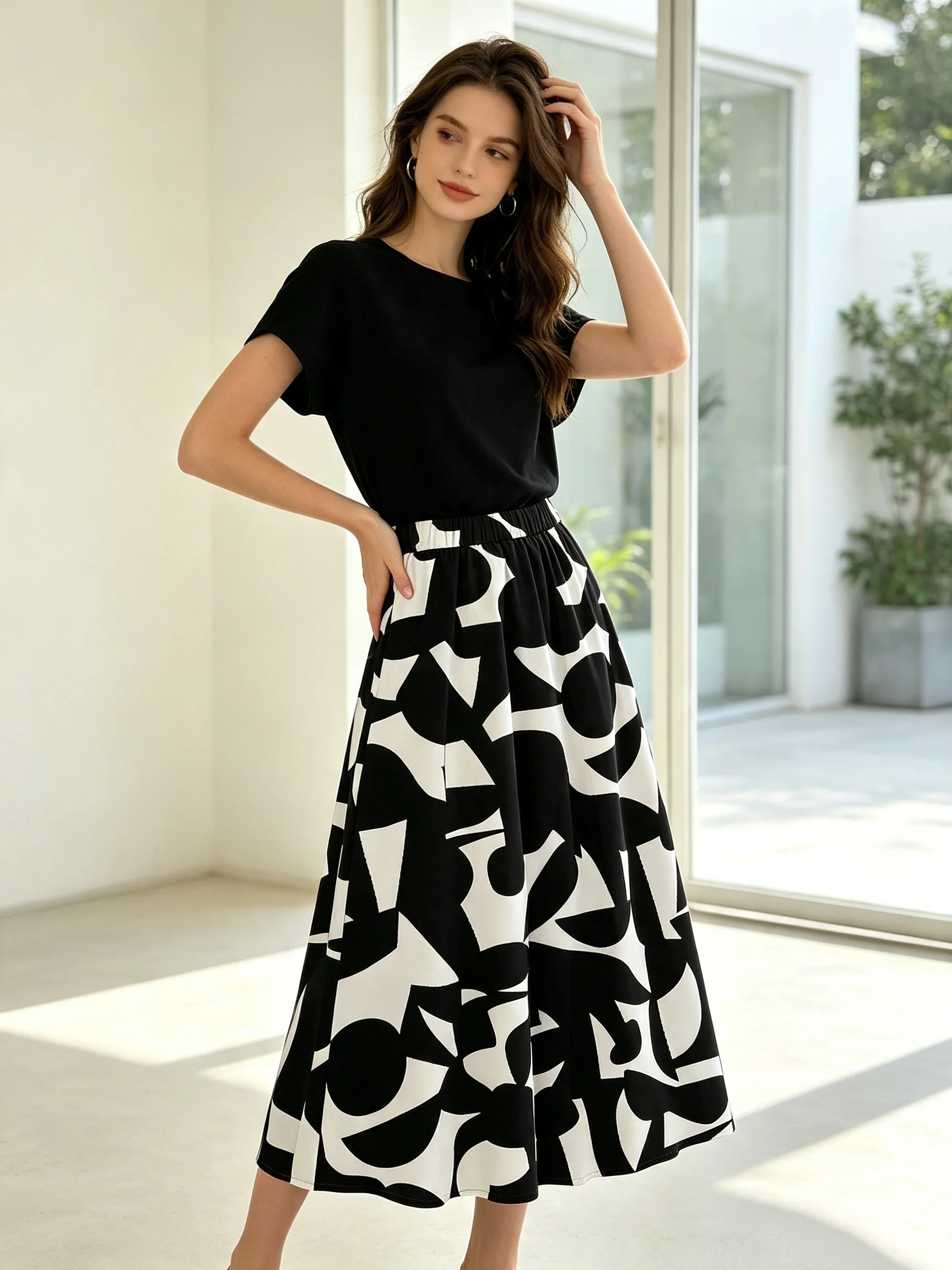 Conjunto de dos piezas para mujer, talla grande, estilo veraniego, para ir al trabajo, top y falda a media pierna, con estampado geométrico en blanco y negro.