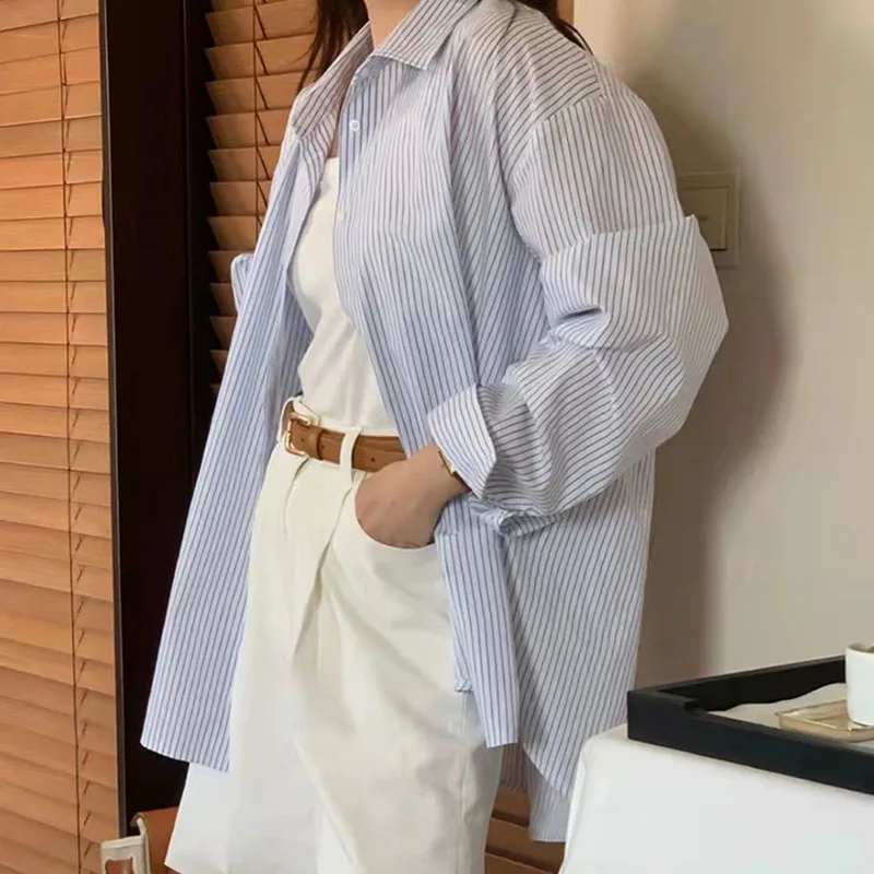 Autumn New Korean Loose Women Shirts Simple Classic Long Sleeve Striped Shirt Women Basic Casual Single-Breasted Office Blouses