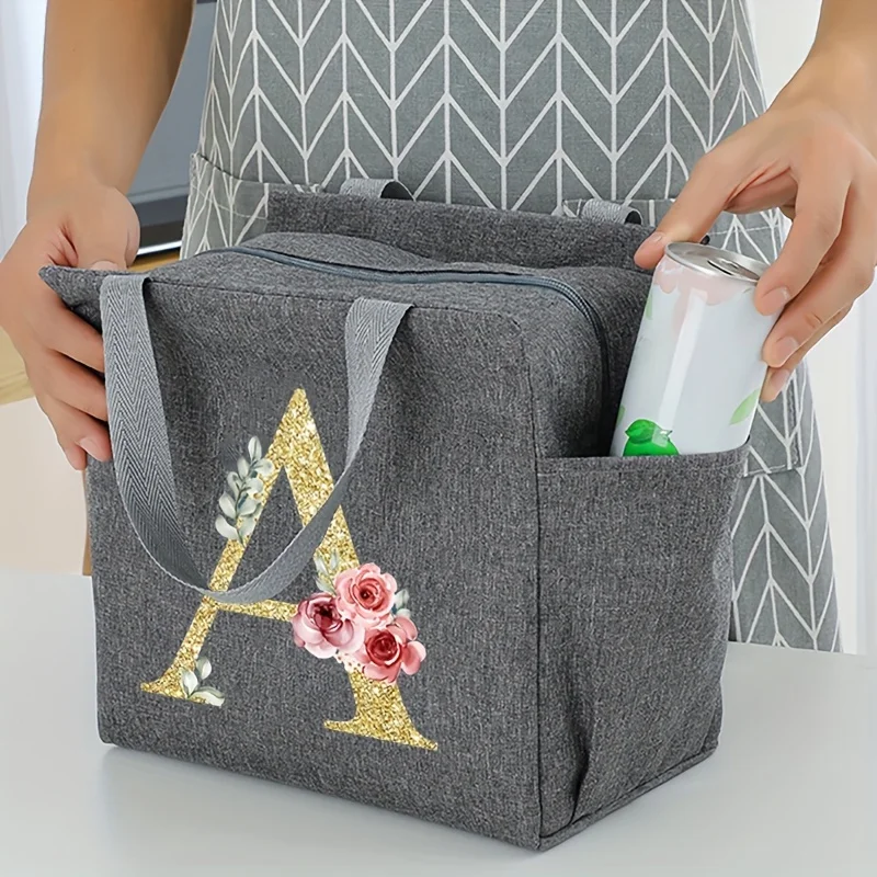 A~N Letter Printed Nylon Lunch Bag With Zipper Waterproof Insulation Bag Ice Bag Suitable For Men & Women's Work Picnic Travel