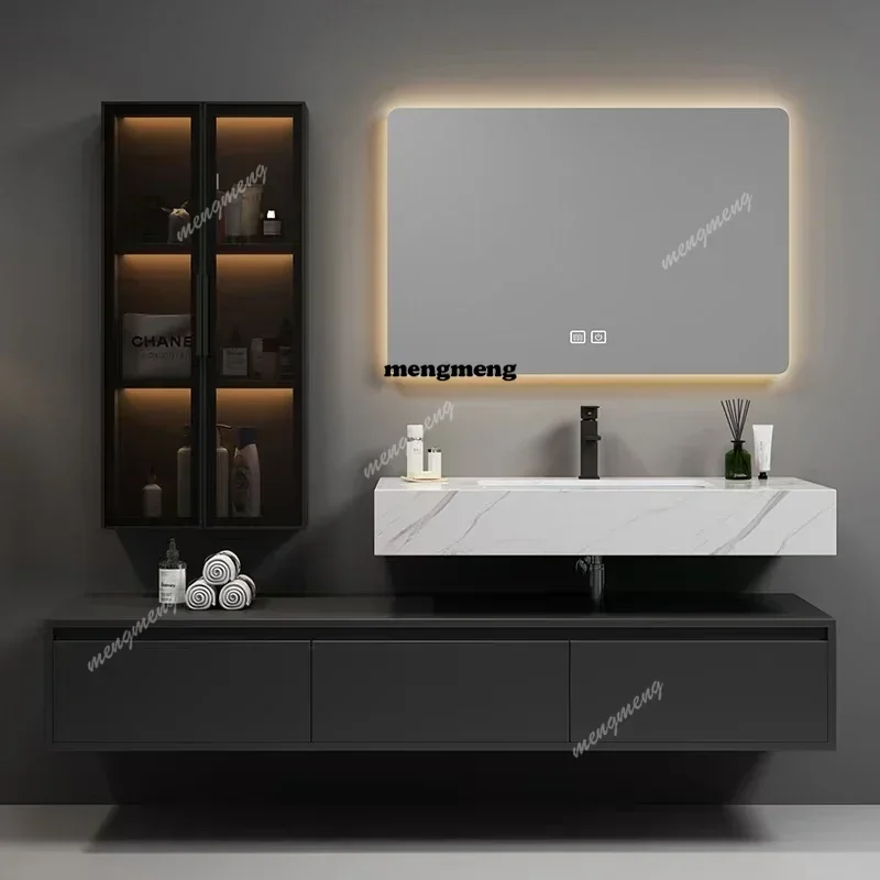 Nordic Luxury Rock Plate Bathroom Cabinet Combo Modern Solid Wood Vanity Bathroom Mirror Shelves Furniture Muebles De Baño