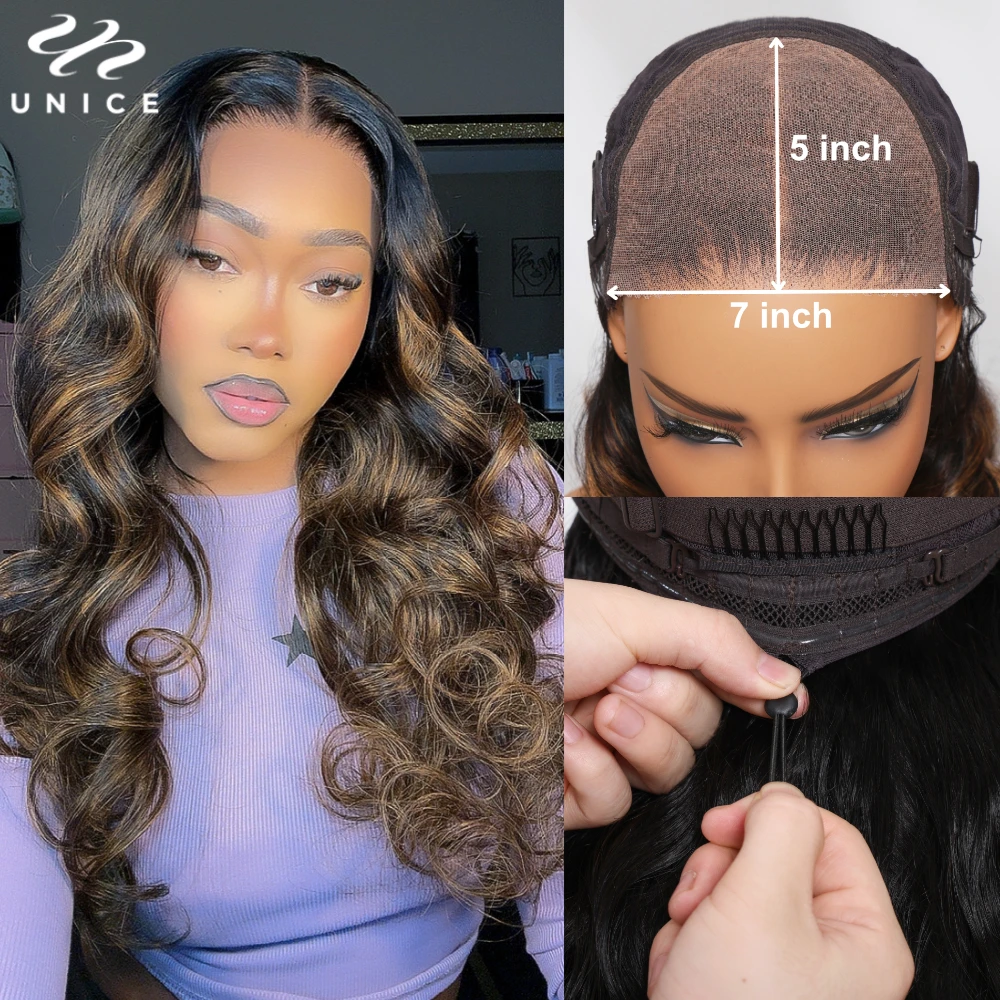 UNICE Balayage Body Wave Wig Upgraded Drawstring Cap 7x5 Pre Cut Pre Bleached Lace Front Human Hair Glueless Wig 150% Density