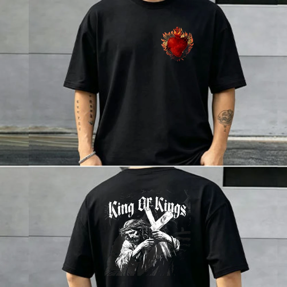 King of Kings Gothic Font Jesus Carrying Cross Vintage Distressed Print Crew Neck T Shirt Religious Faith Cotton Tee Streetwear