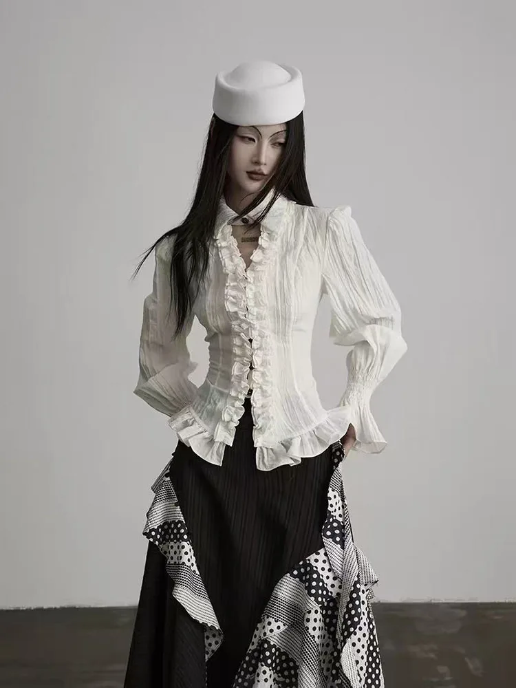 Y2K Flare Sleeve Crop Shirts Women Japanese Gothic Lace Ruffles Patchwork Blouses Autumn Sexy V Neck Slim Lapel Tops Mujer