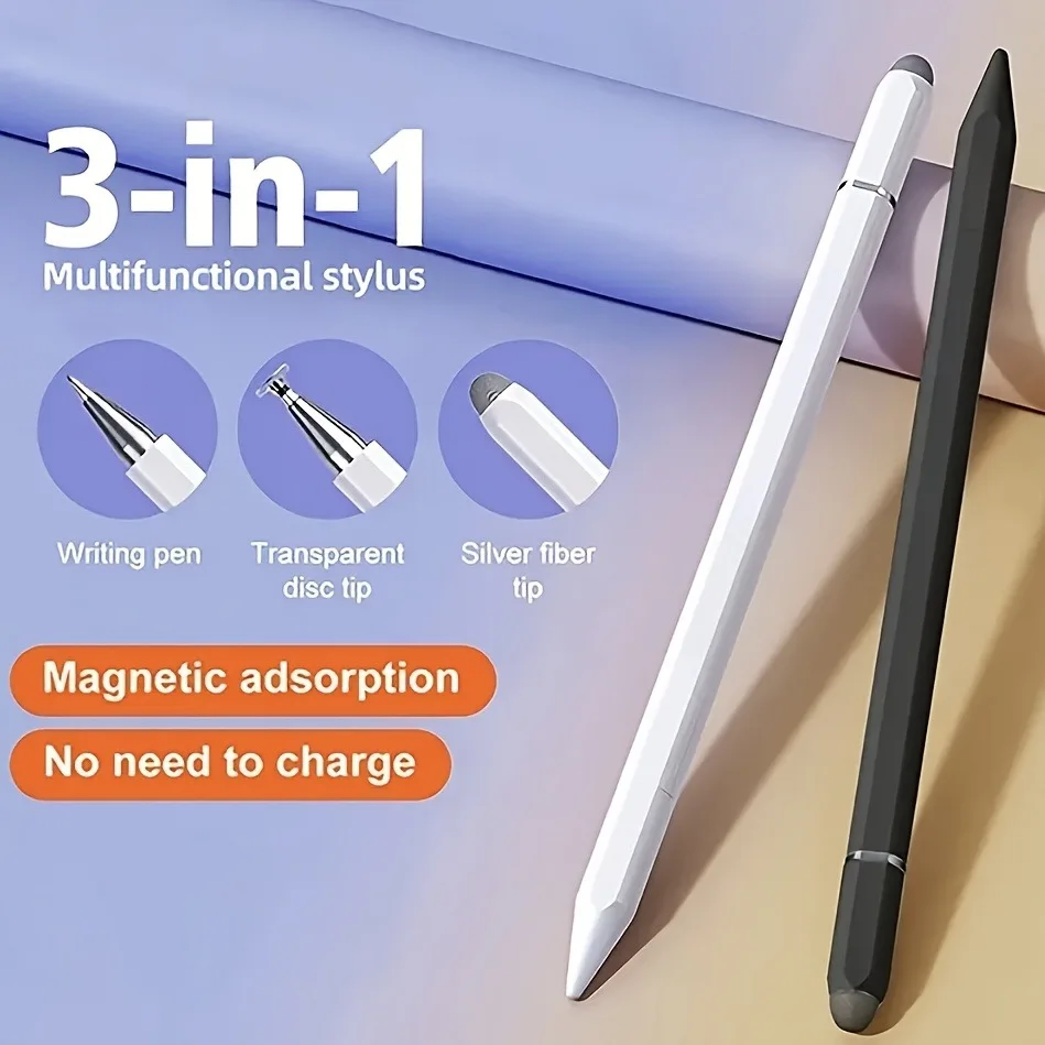 

3-in-1 High Sensitivity Stylus Pen with Magnetic Cap - Universal Touch Screen Pencil with Disc, Fiber & Rubber Tips, Uncharged