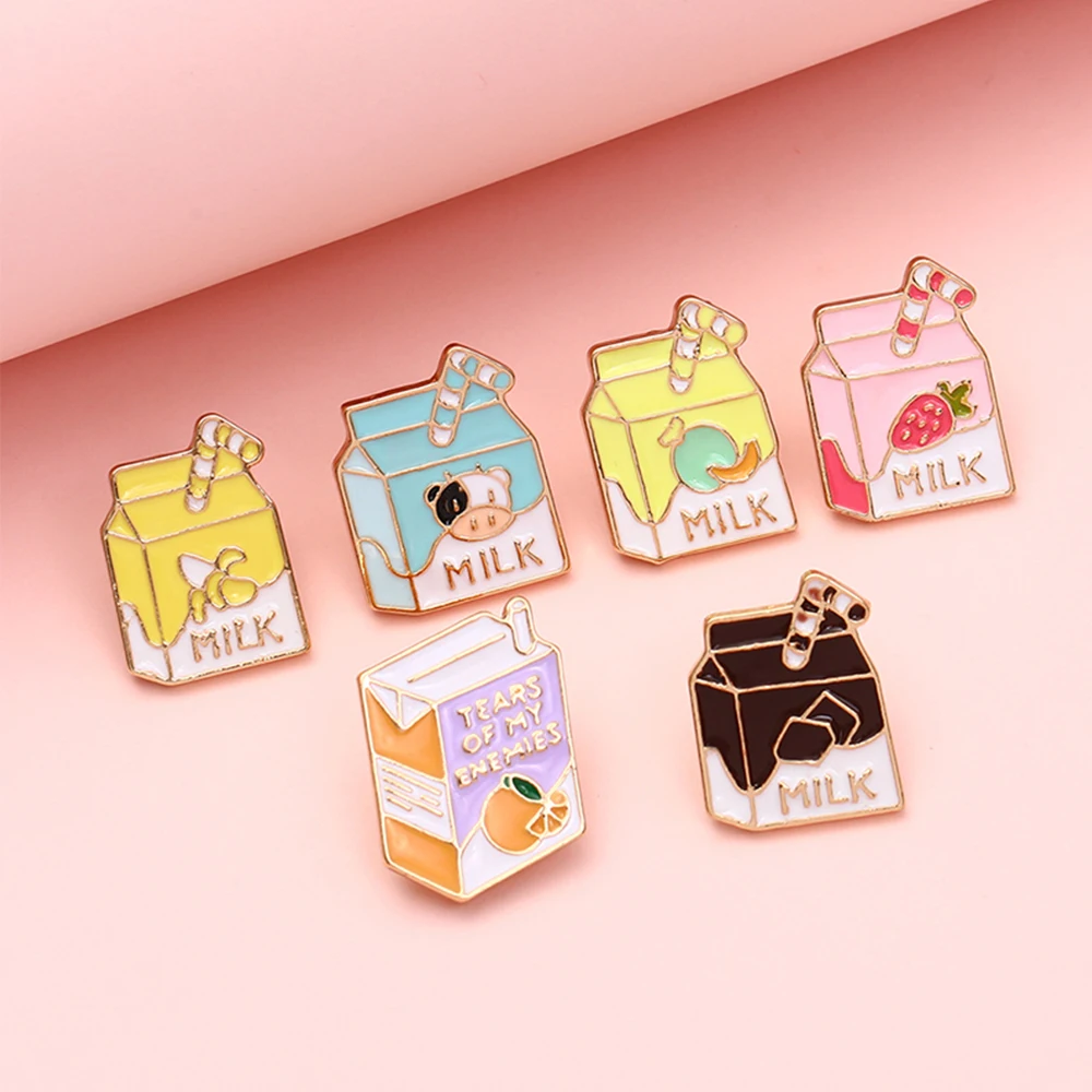 Trendy 6 Colors Milk Enamel Pins Strawberry Banana Orange Chocolate Brooches For Women Girls Bag Backpack Jacket Badge Gift