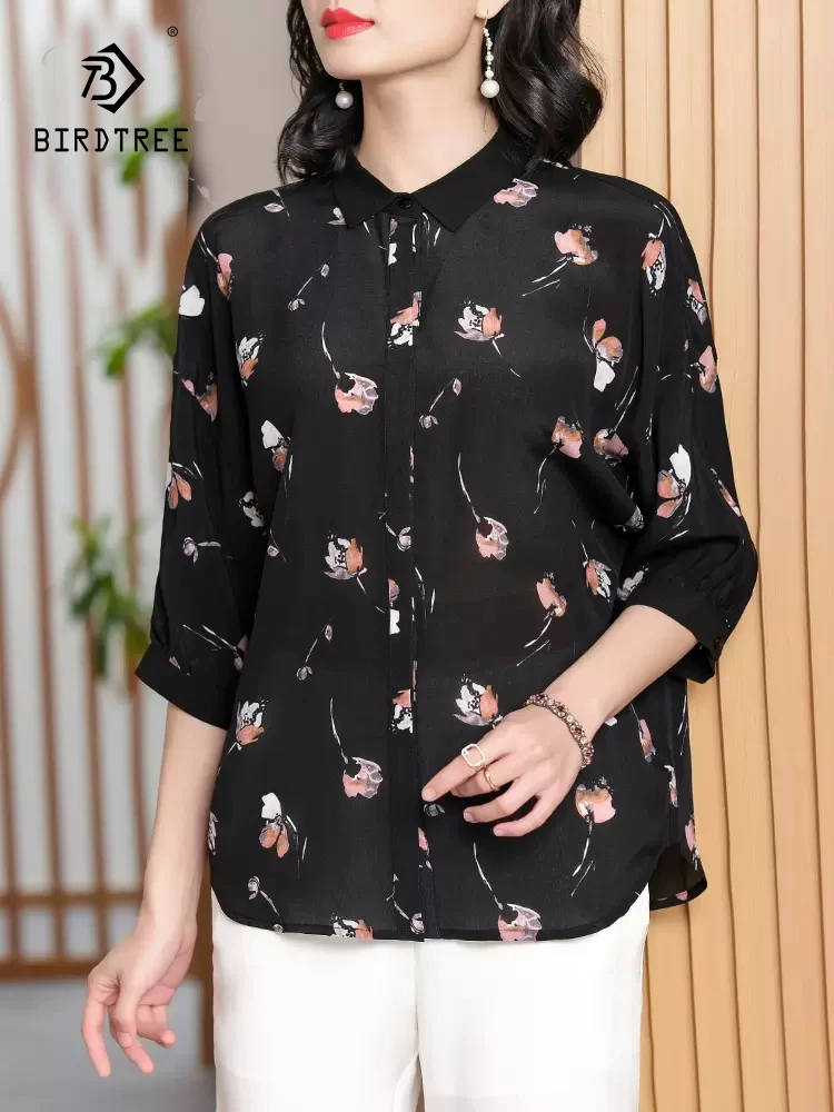 BirdTree 100%Real Silk Elegant Shirt For Women, Lapel Collar Printed Loose, Retro OL Commute Blouse, 2024 Spring New T42334QC