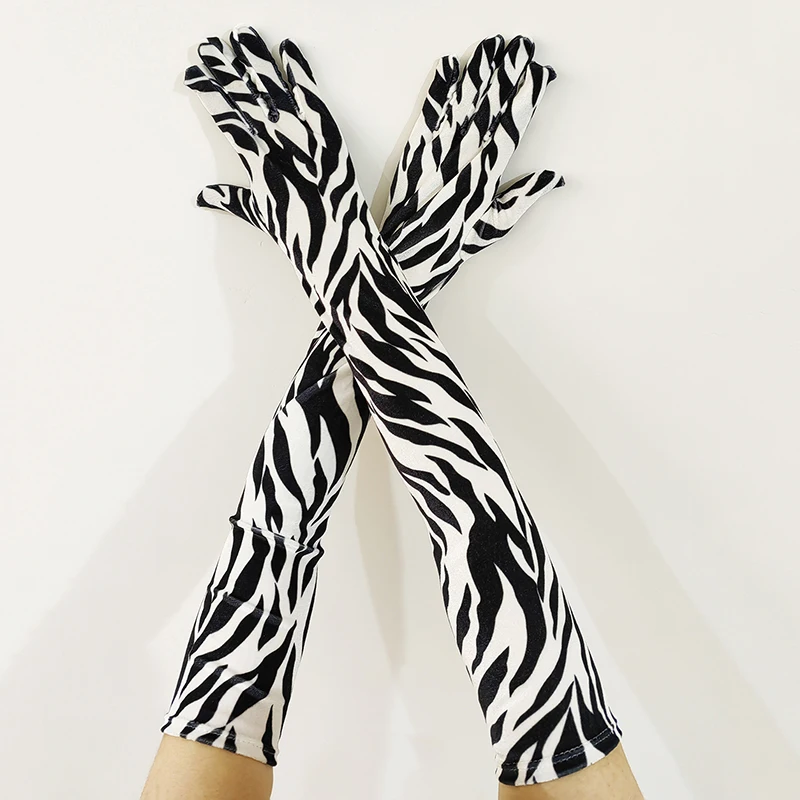 53cm Women's Winter Gold Velvet Long Gloves Leopard Zebra Print Elegant Fashion for Opera Stage Performance Warm Keep