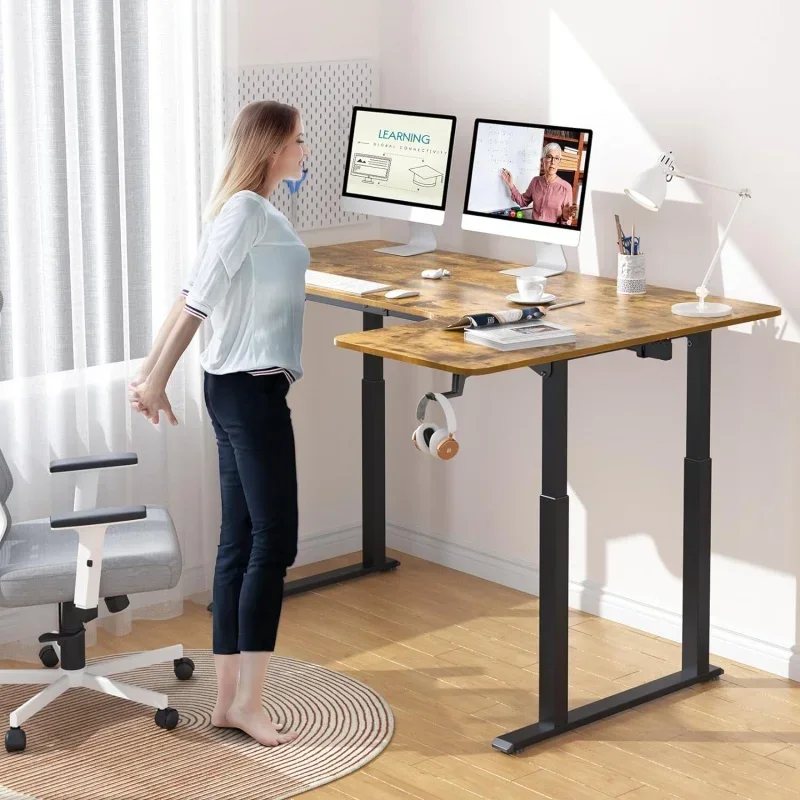 63 x 43 Inch L Shaped Desk, Electric Height Adjustable Dual Motor Sit Stand Desk, Corner Stand Up Desk, La