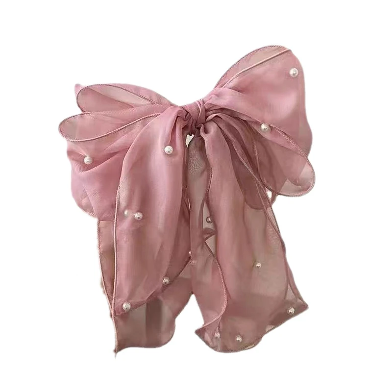 Modische Haarspangen mit Perlen und Schleifen für Damen, elegante Chiffon-Schleifen, Pferdeschwanz-Haarspangen, süße Haarschmuck-Accessoires – Detail 8