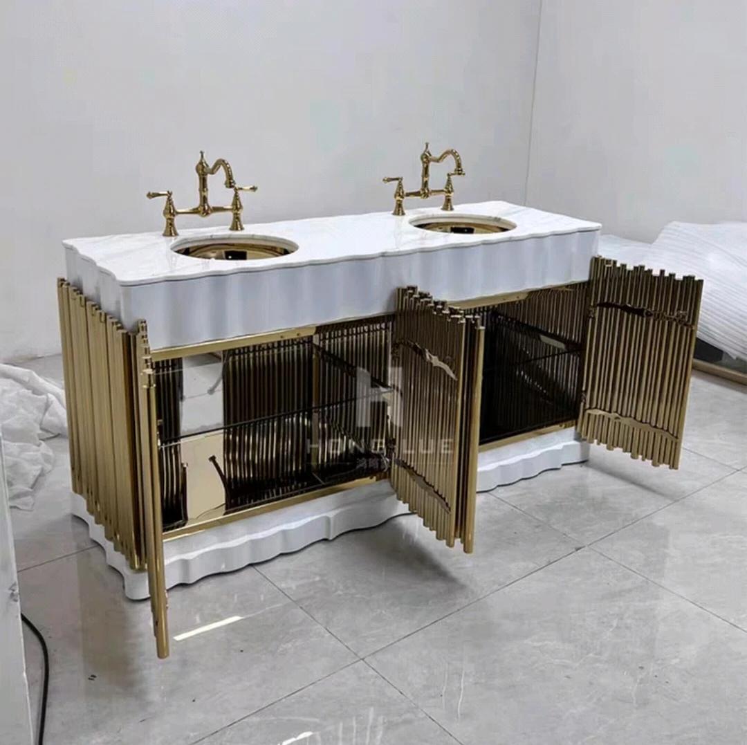 light luxury stainless steel wash cabinet villa home storage vanity, bathroom basin
