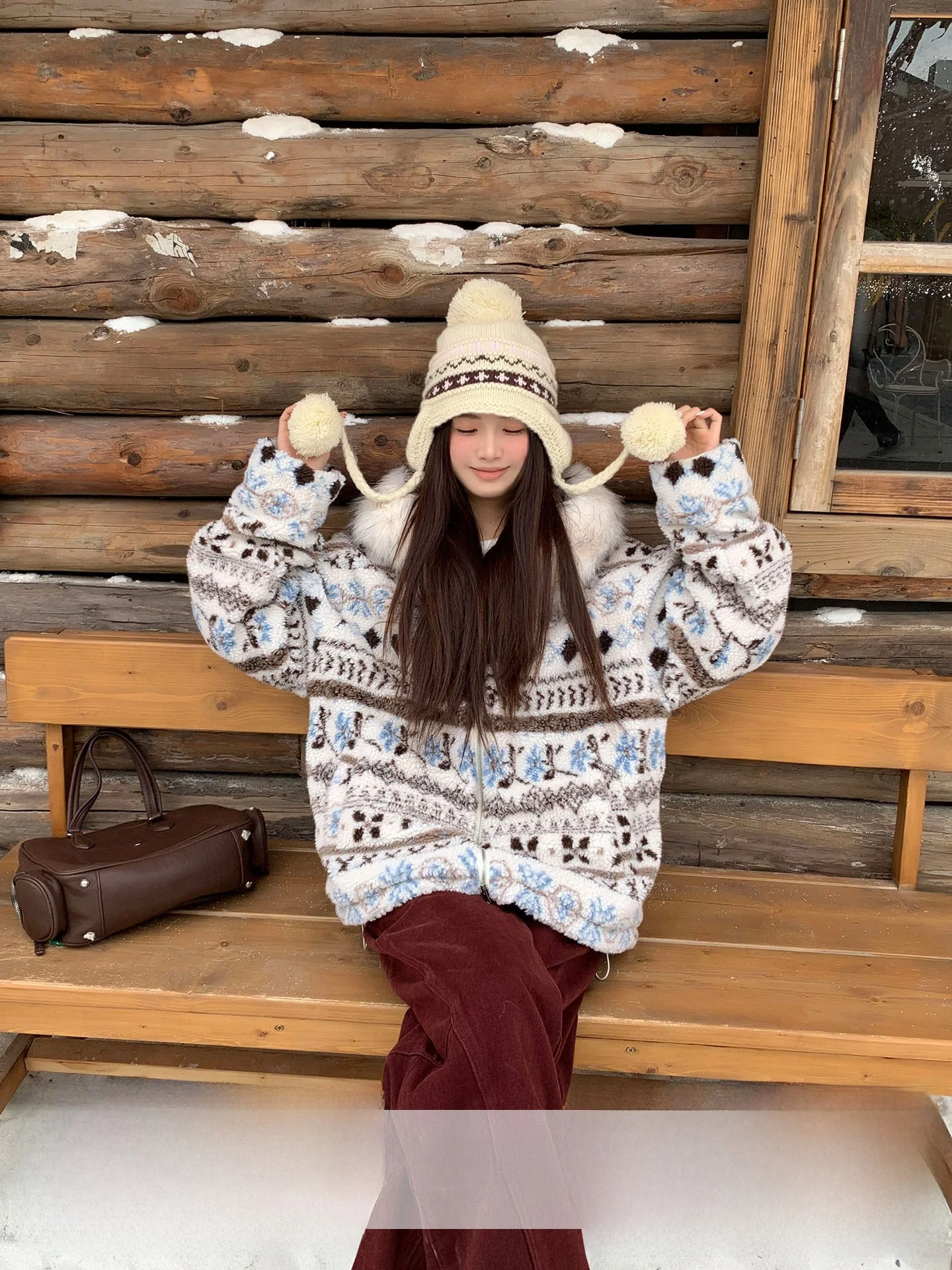 

Orange Tree Vintage Women's Lamb Fur Jaet Loose Warm Winter Coat with Hood Polyester Material Long Sve Regular Length