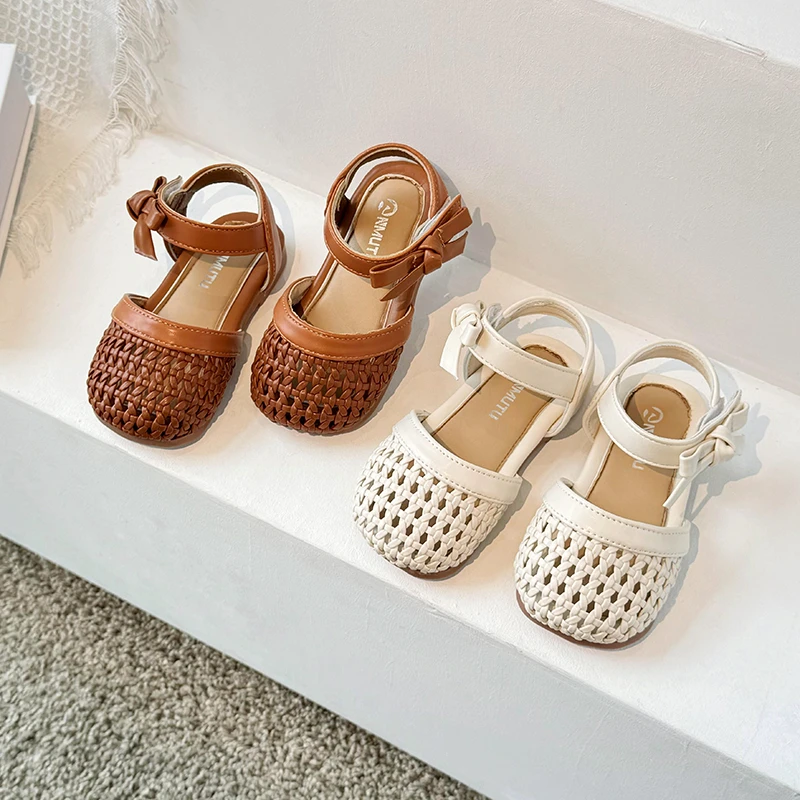 Girls Woven Sandals Summer New Beige Flat Bottom Girls Toddler Shoes Brown Soft Bottom Non-slip Children\'s Baby Sandals Shoes