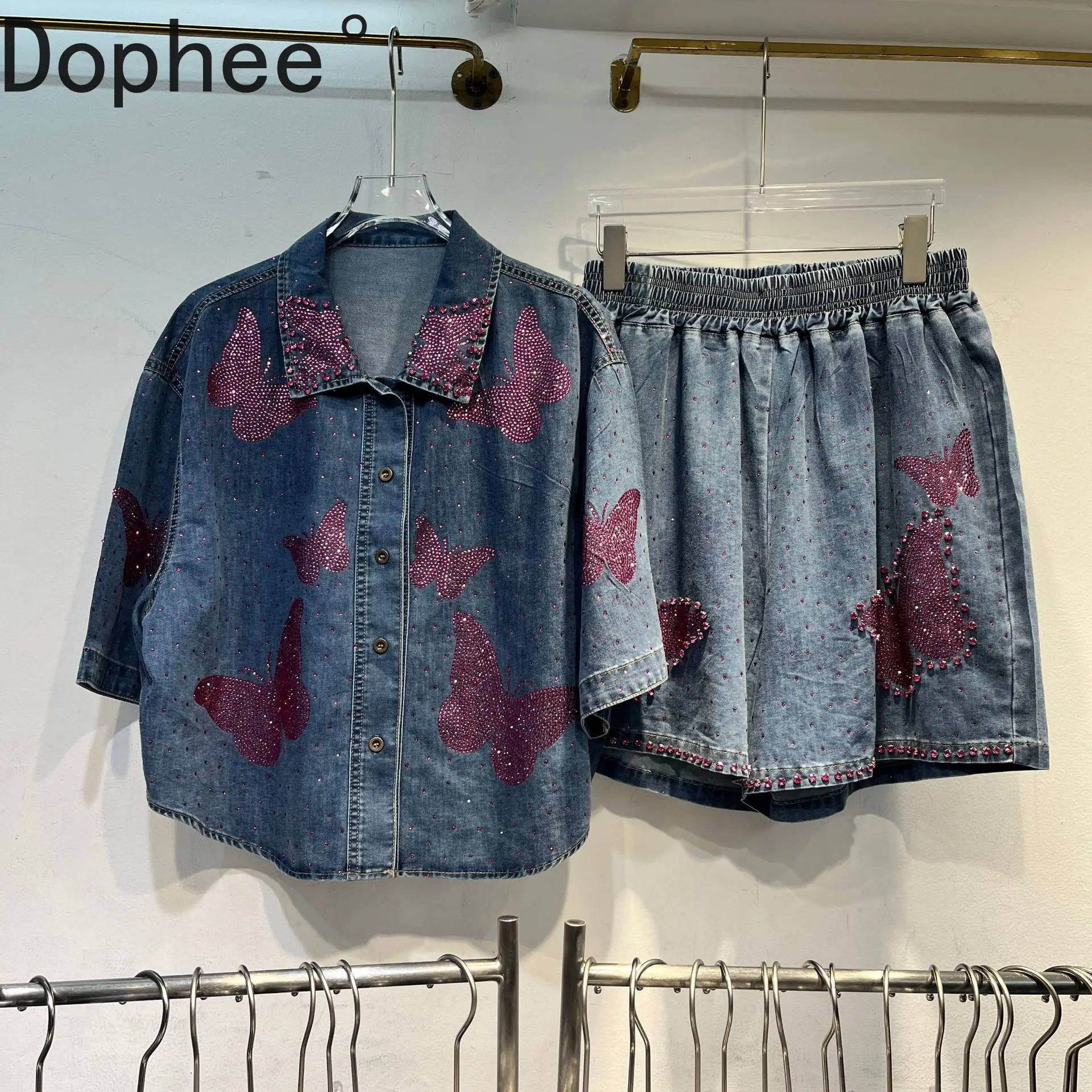 

New Spring Summer Women Denim Sets Single-breasted Butterfly Hot Drilling Short Sleeve Shirt Top + Elastic Waist Loose Shorts