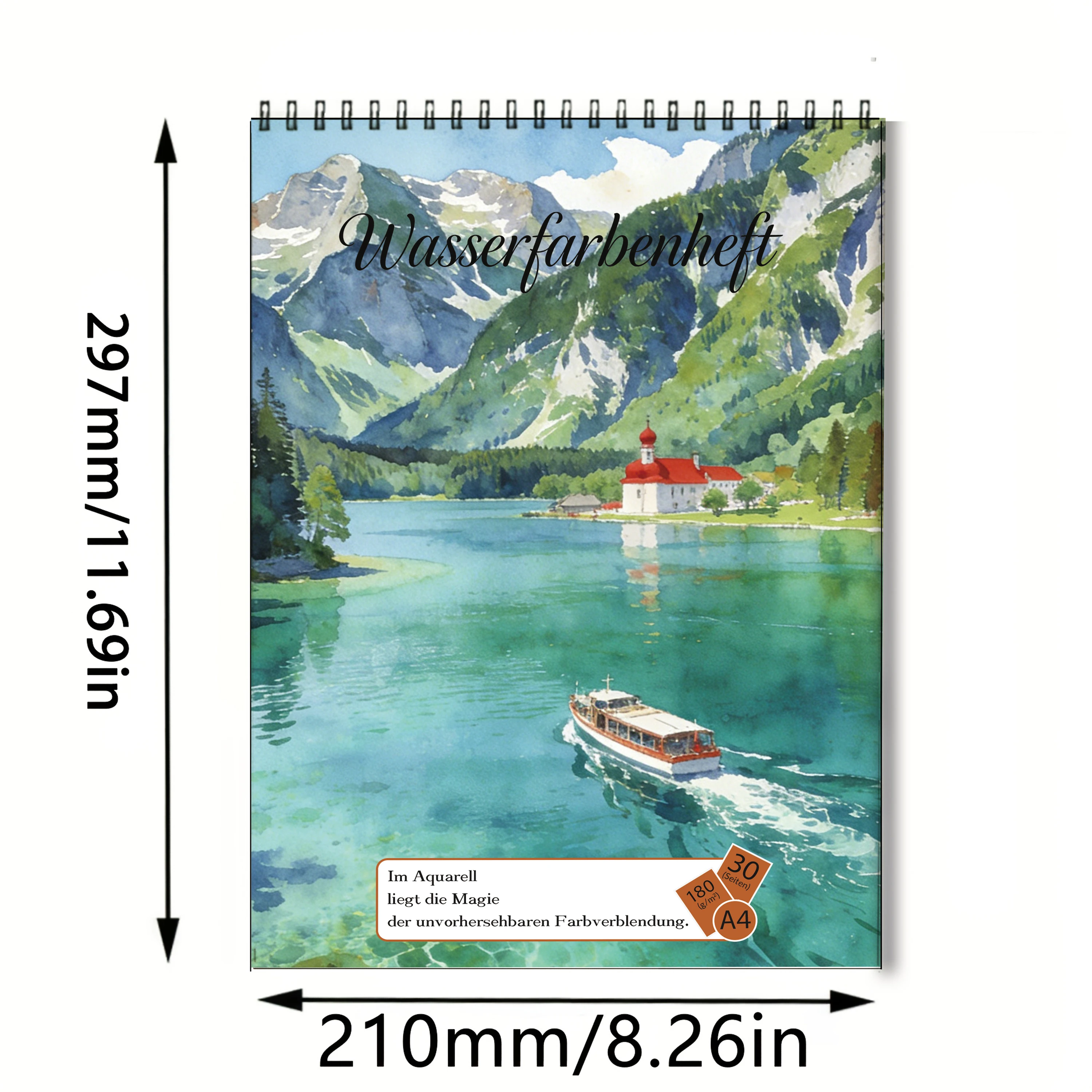 A4 Spiral Watercolor Sketchbook, 100gsm Acid-Free Paper, Lake & Mountain Landscape Cover, Ideal for Art & Sketching, Perfect