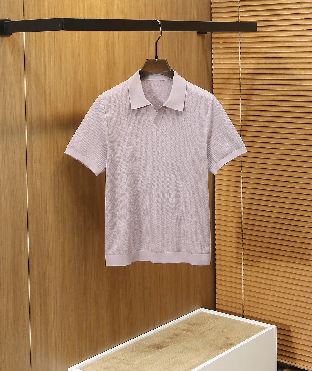 

Итальянская мужская летняя трикотажная футболка из шелка и хлопка с воротником-стойкой, свободного кроя, однотонная