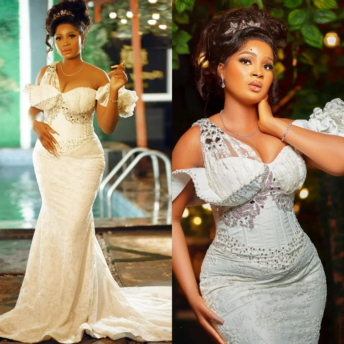 Customized One Shoulder Sparkly Beads Crystals  Wedding Dress For Bride Robe De Mariée African Backless  Bridal Gown