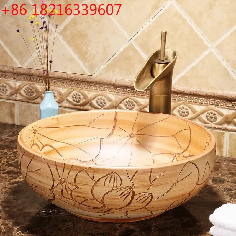 YAO Retro Marble Ceramic Art Basin Round Small Bathroom Washbasin Counter Top Sink for Toilet Vanity Cabinet Home Decor