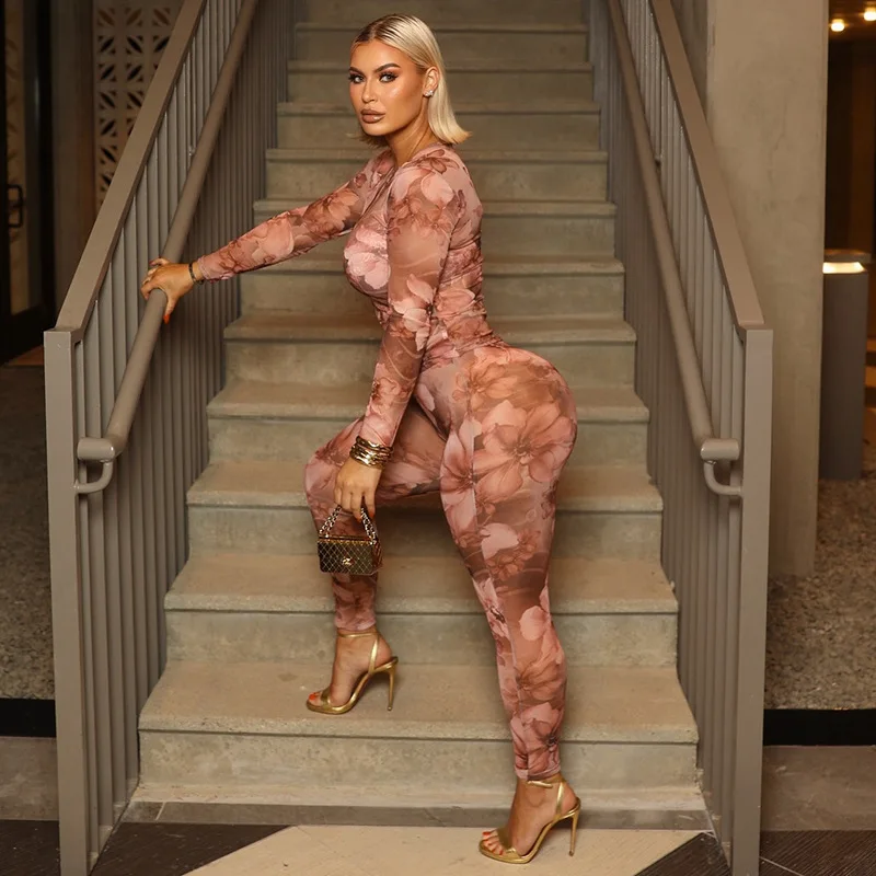 

Bangniweigou flower print crew neck top hip tight pants set women mesh allover printed full sleeves sheer suit beige