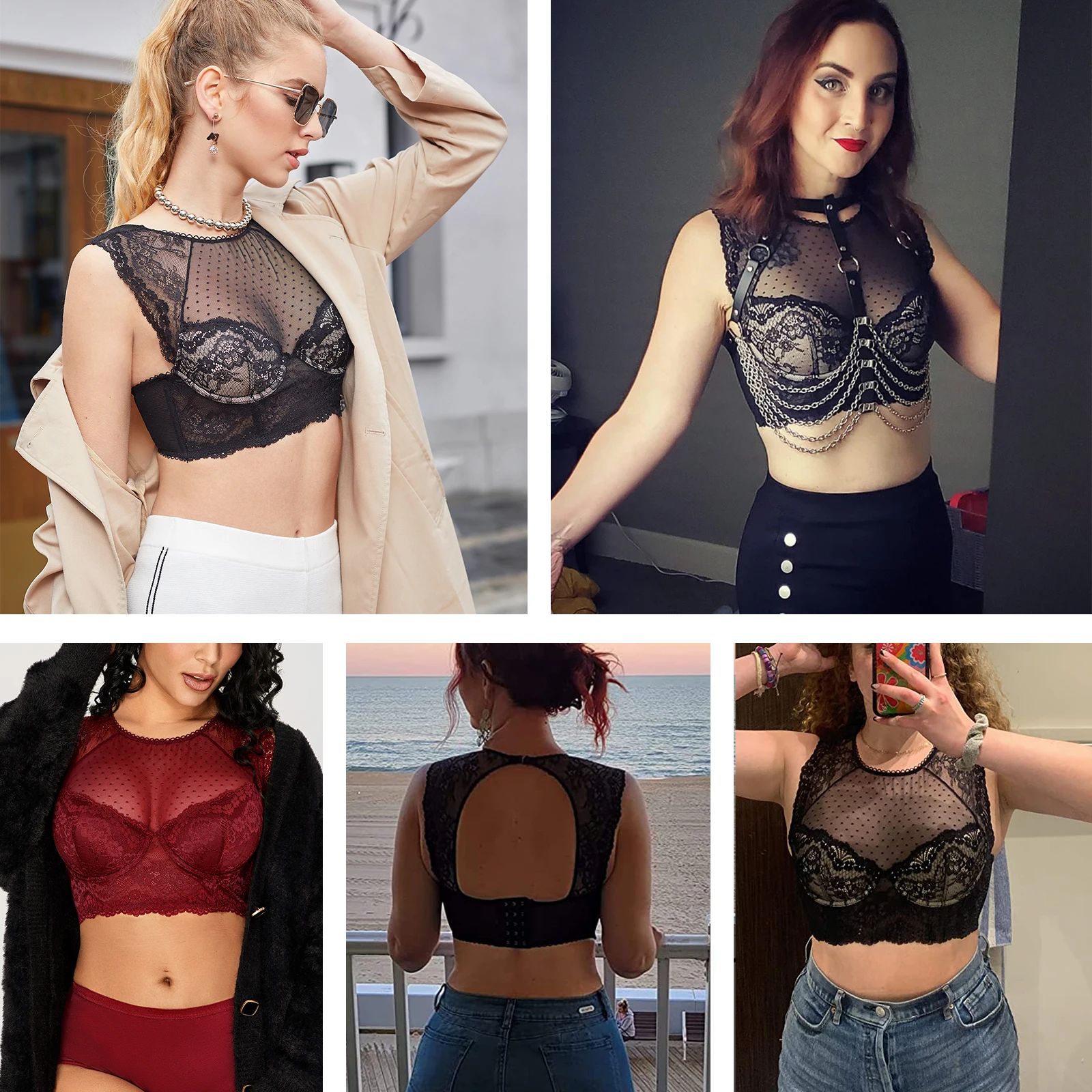 DOBREVA Women's Sexy Sheer Lace Bralette Crop Top Bra High Neck Underwire Plus Size Padded Bustier